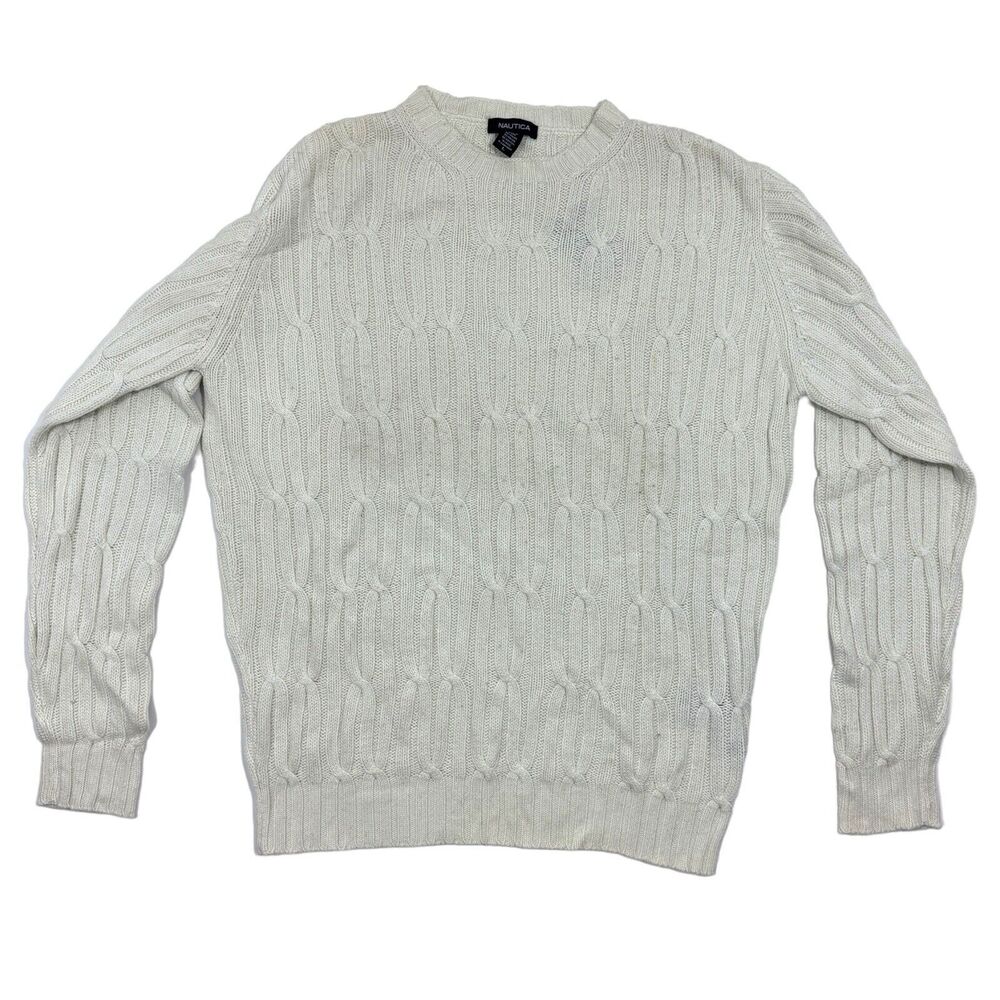 Men's Nautica Cream White Ivory Tight-Knit Preppy Sweater Quilted Pattern Large
